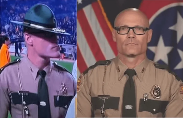 Cassius Thundercock State Trooper — Side-by-side comparison of the viral young trooper and an older Tennessee state trooper portrait