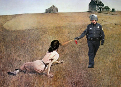 Casually Pepper Spray Everything Cop — The pepper spray cop digitally placed in Wyeth's Christina's World painting in a golden Pennsylvania field.