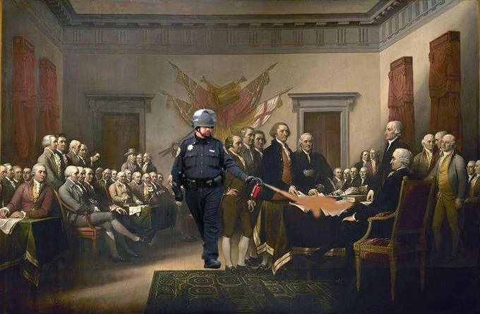 Casually Pepper Spray Everything Cop — The pepper spray cop digitally composited into Trumbull's Declaration of Independence painting spraying the Founding