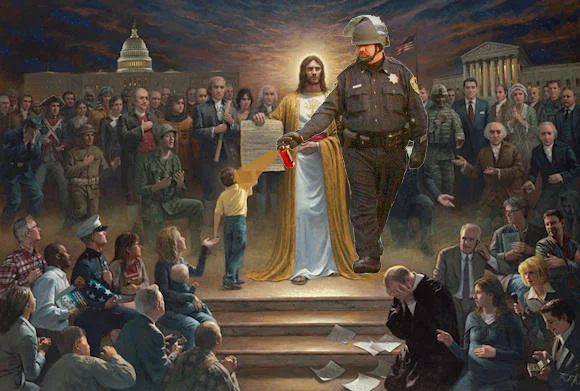 Casually Pepper Spray Everything Cop — The pepper spray cop composited into a McNaughton-style painting with Jesus and historical American figures.