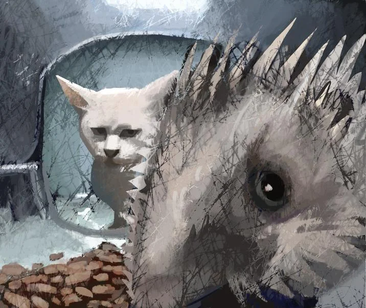 Cat Feeder Camera Cats — Painterly sketch of two white cats inside a Hello Street Cat feeder, one close up and one in the background
