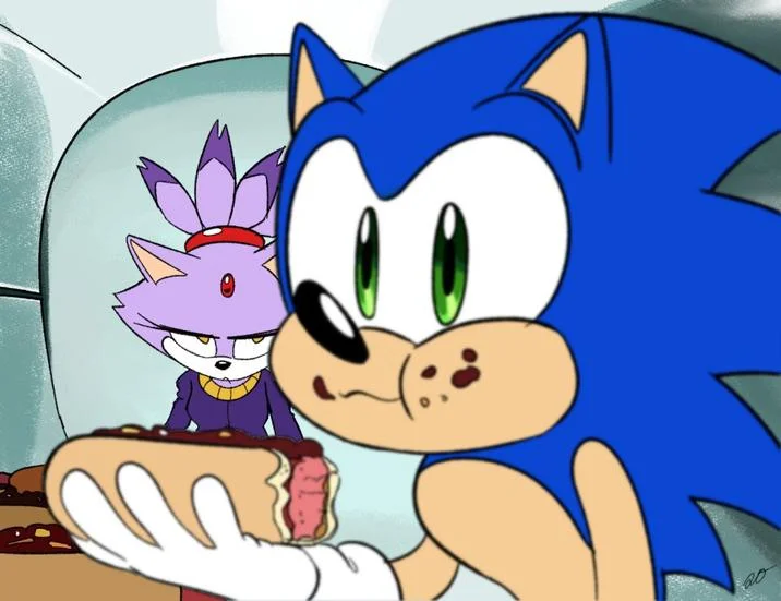 Cat Feeder Camera Cats — Fan art of Sonic eating a chili dog inside a cat feeder with Blaze the Cat in the background
