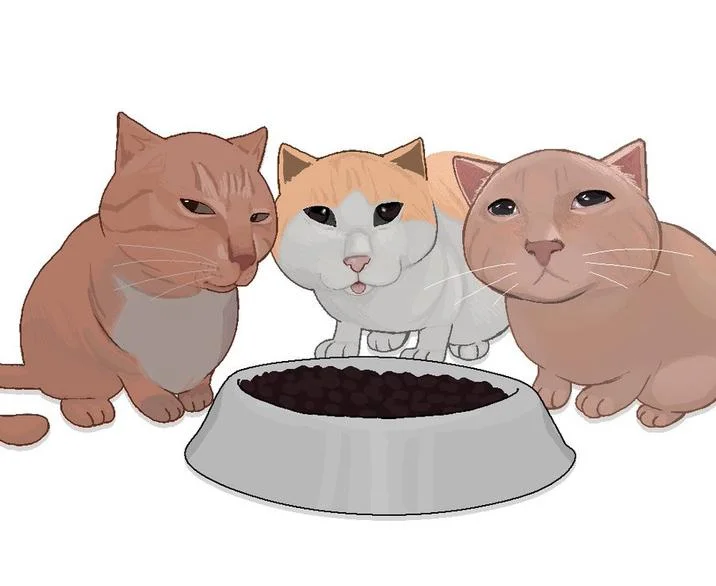 Cat Feeder Camera Cats — Cartoon illustration of three cats gathered around a food bowl in the style of the viral feeder clips