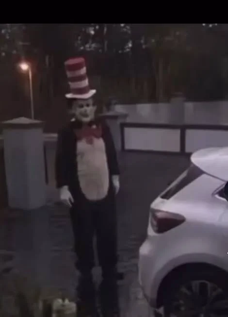 Cat In the Hat Serial Killer Trend — Cat in the Hat costumed figure standing near a car in a driveway.
