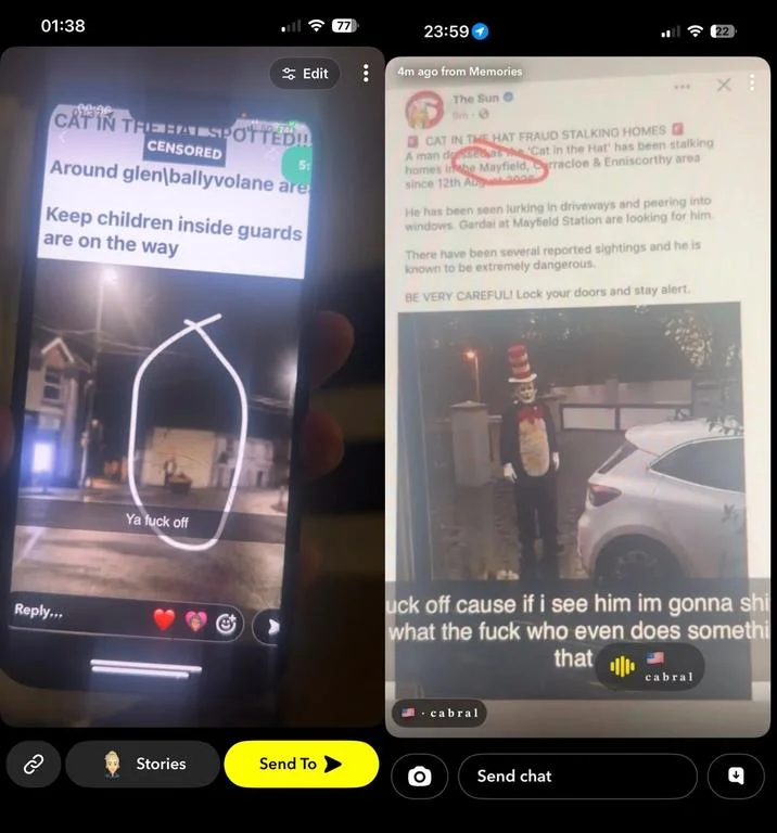 Cat In the Hat Serial Killer Trend — Snapchat screenshots warning about a Cat in the Hat stalker in Irish neighborhoods.