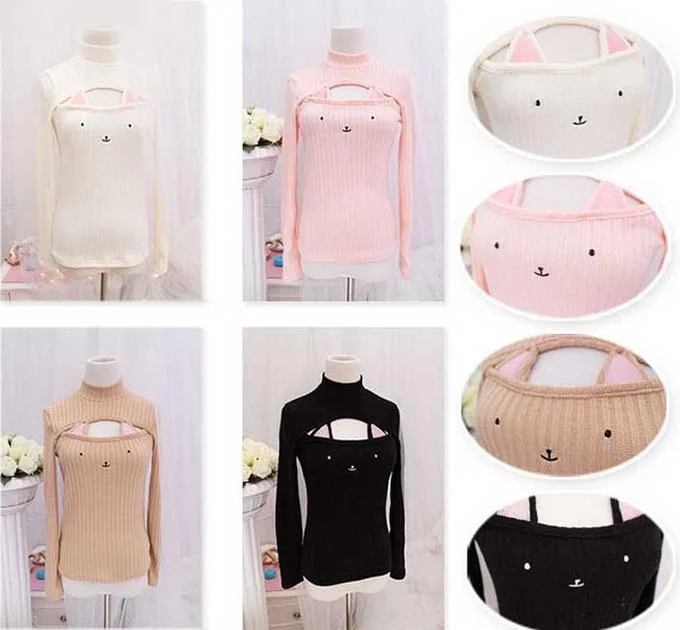 Cat Keyhole Lingerie — Collage of cat-faced ribbed sweaters in four colors with detail views