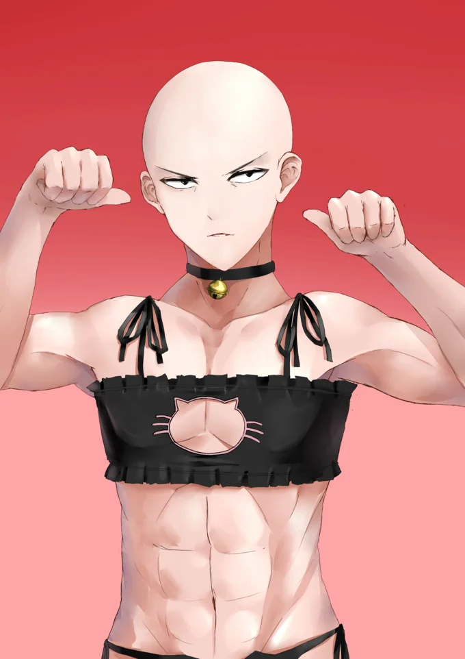 Cat Keyhole Lingerie — Saitama from One-Punch Man wearing black cat-keyhole crop top