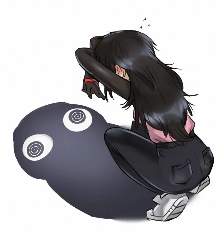 Cat Shadow Trend — An anime illustration of a character crouching with an oversized comedic blob shadow instead of a cat shape.