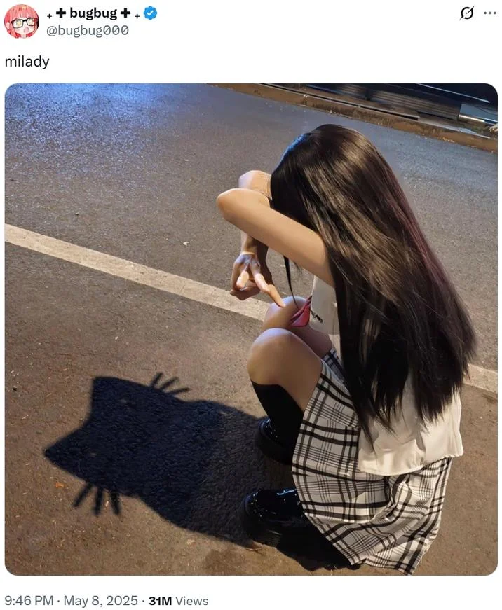 A tweet screenshot by @bugbug000 captioned milady showing the viral Cat Shadow Trend photo with 31 million views.