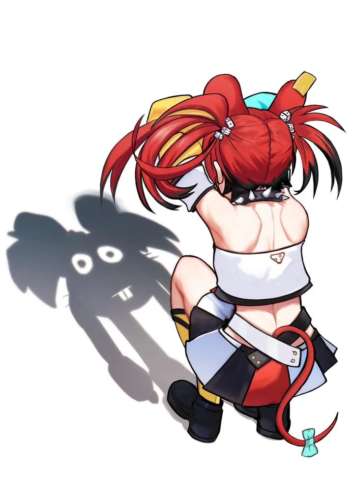 Cat Shadow Trend — An anime-style illustration of a red-haired character in twintails crouching with a compact cat shadow.