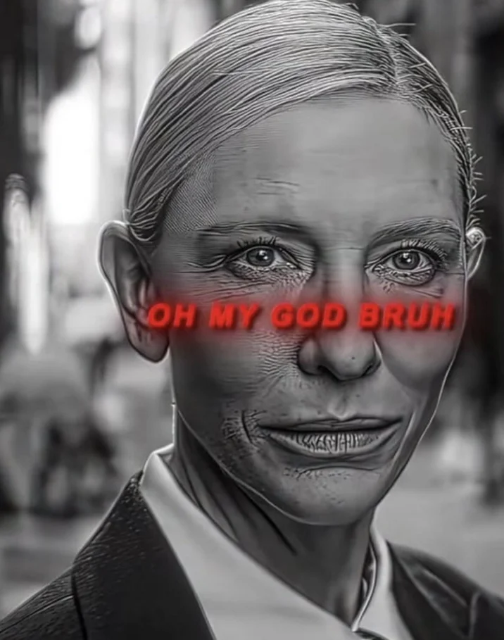 Cate Blanchett Oh My God Bruh / Squid Game — Instagram page @RealEaterForeverr posted a still from YouTuber V9X EDITS's post comparing Cate Blanchett as the