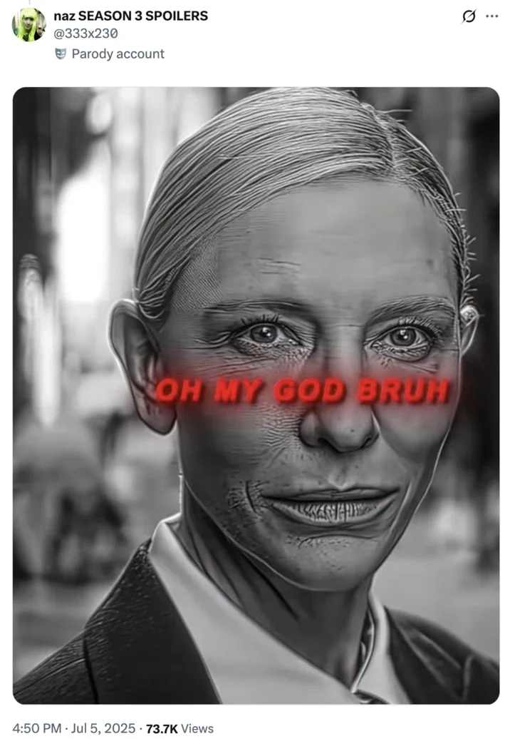 Cate Blanchett Oh My God Bruh / Squid Game — X user @333x230 posted a tweet thread consisting of niche, low-quality _Squid Game_ memes, including the black and