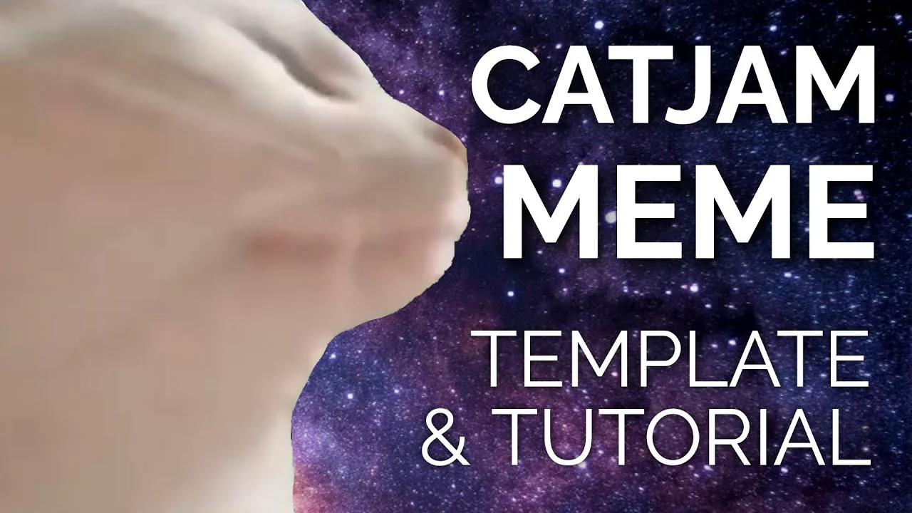 The white cat shown against a vibrant galaxy background with text reading CATJAM MEME TEMPLATE & TUTORIAL.