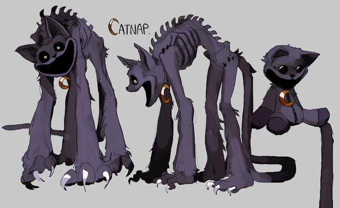 Catnap (Poppy Playtime) — Character reference sheet of CatNap showing three monstrous poses