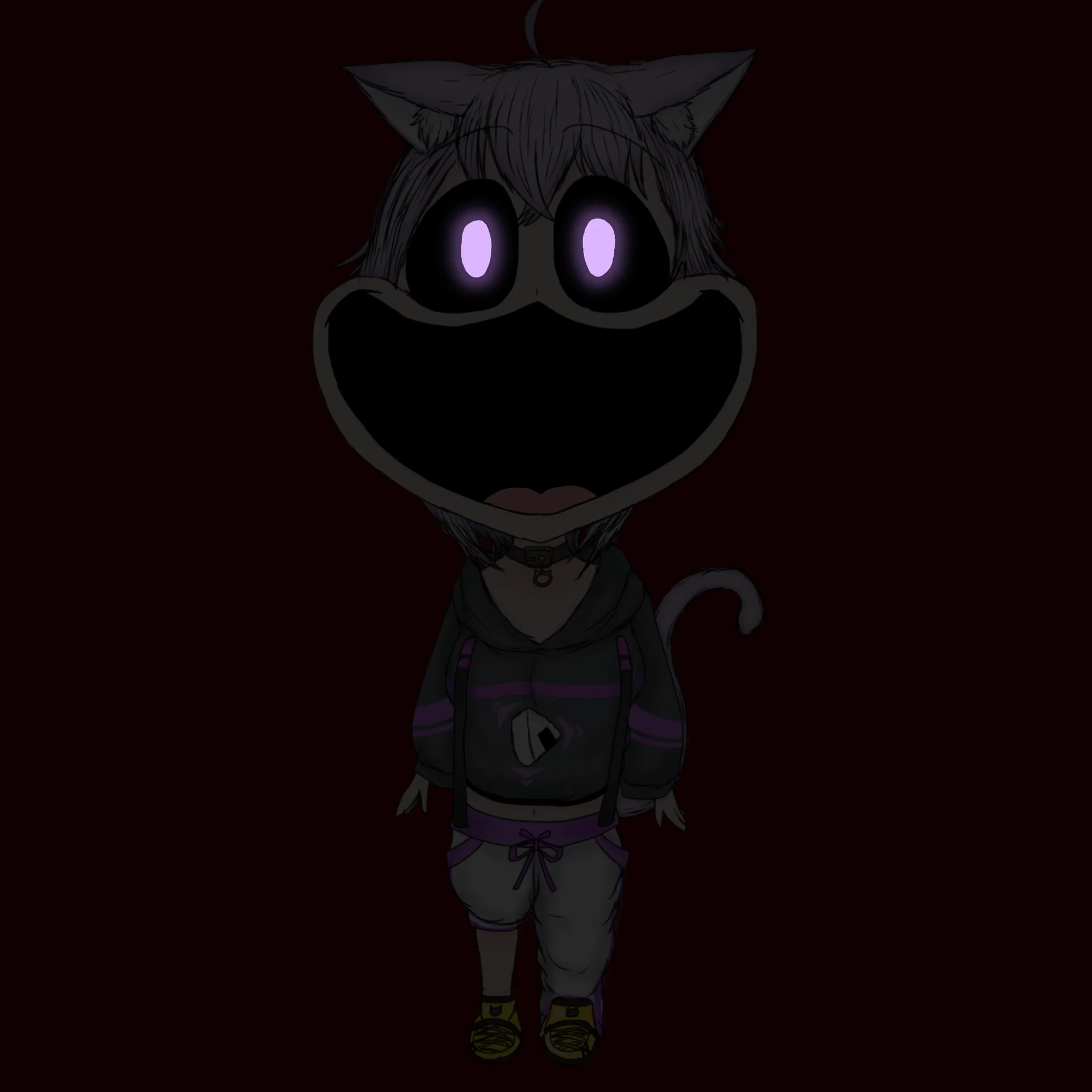 Catnap (Poppy Playtime) — Chibi humanized CatNap in hoodie and shorts with glowing purple eyes