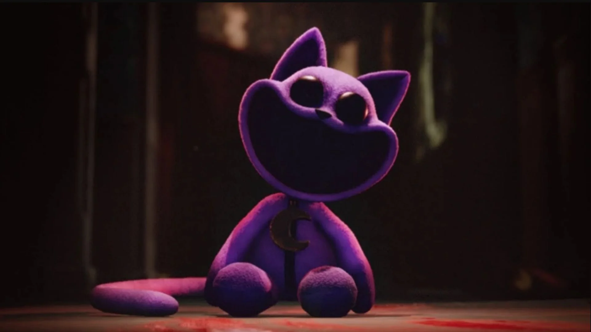 Catnap (Poppy Playtime) — CatNap purple cat plush with crescent moon pendant sitting in a dark room