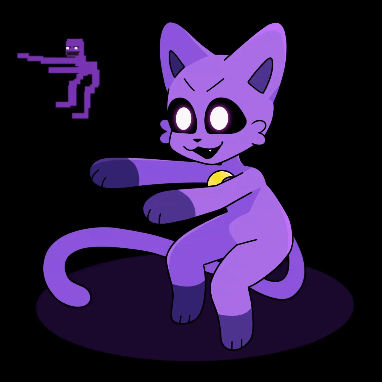 Catnap (Poppy Playtime) — Animated chibi CatNap with pixel Purple Guy FNAF character in background