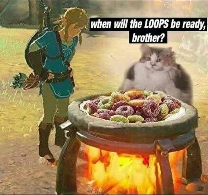 Cats Wanting Fruit Loops — Cat face composited into a Zelda: Breath of the Wild screenshot asking when loops will be ready.
