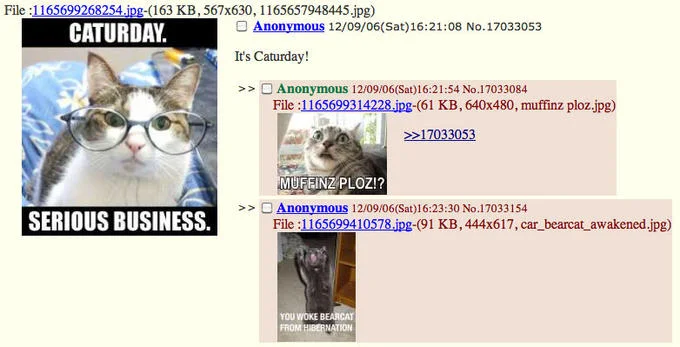 A 4chan /b/ thread screenshot showing the original Caturday tradition with cats and early meme format.