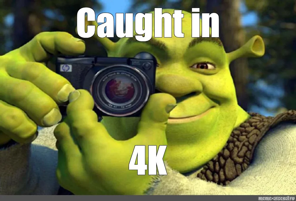 Shrek holding camera with "Caught in 4K" text overlay
