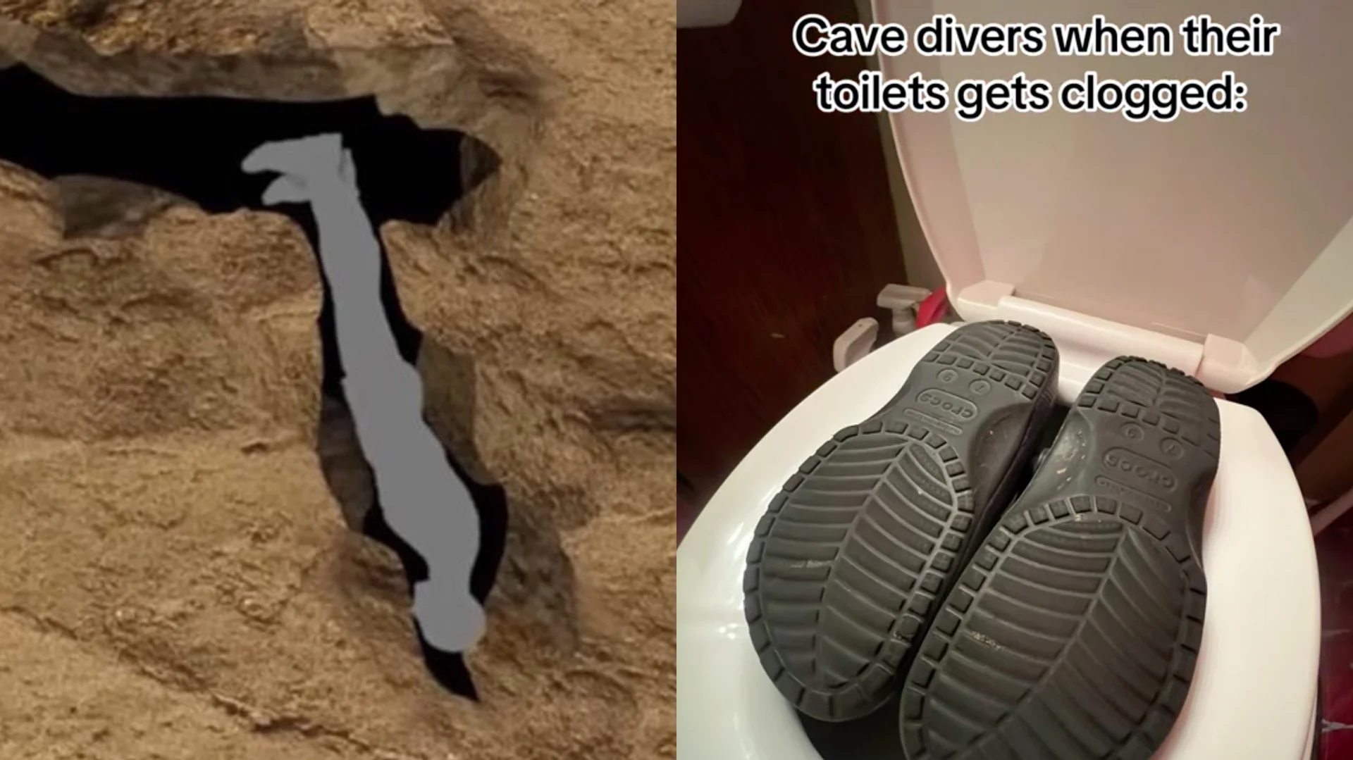 Cave Diver Memes — Split image of the Nutty Putty Cave diagram beside Crocs stuck in a toilet with cave diver caption