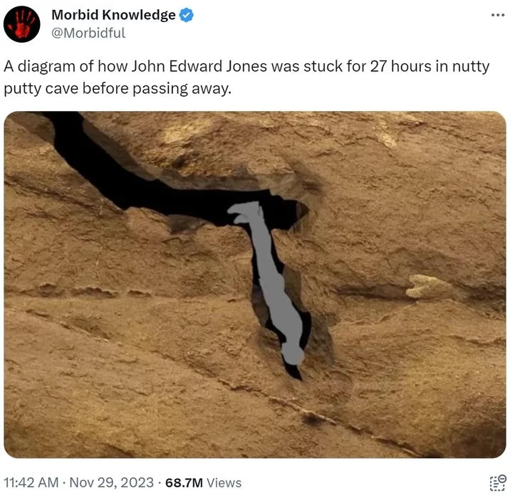 Cave Diver Memes — Tweet by Morbid Knowledge showing the Nutty Putty Cave diagram of John Edward Jones stuck upside-down