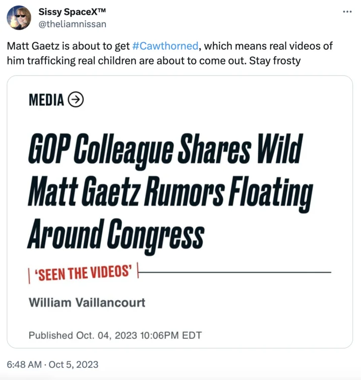 Tweet predicting Matt Gaetz will be Cawthorned with attached article about GOP rumors