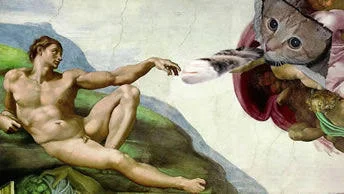 Detailed view of Creation of Adam parody with ceiling cat as divine figure reaching toward human.