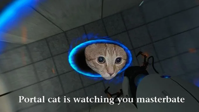 Science fiction variation with ceiling cat emerging from glowing blue portal field with Portal game text.
