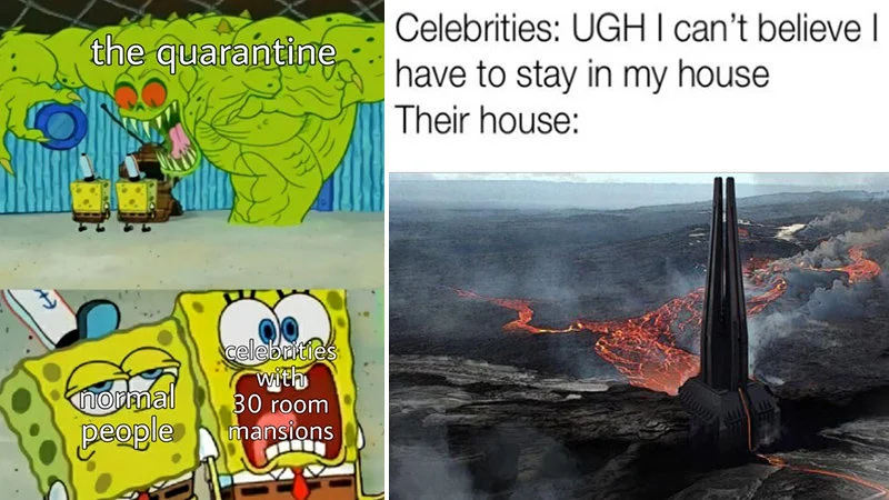 Celebrities Complaining About Quarantine — Multi-panel collage merging SpongeBob comparison with volcano fortress mansion meme variants.