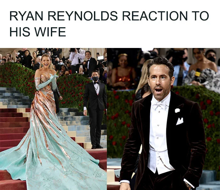 Celebrity Couple Speculation — Formal event comparison featuring a woman in turquoise gown and man in tuxedo with reaction caption.