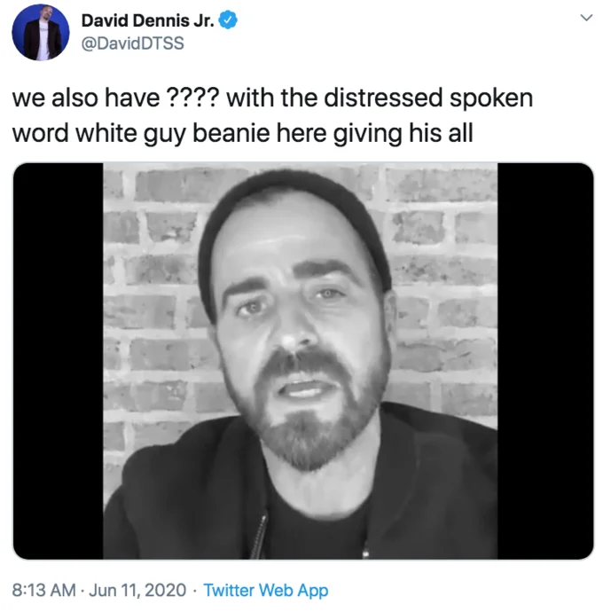 Celebrity I Take Responsibility Video — Twitter screenshot mocking distressed spoken word guy in beanie giving his all with intense expression.