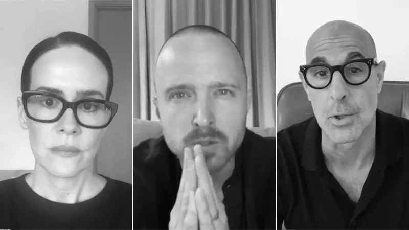 Celebrity I Take Responsibility Video — Side-by-side collage of three black-and-white video stills from the PSA featuring Sarah Paulson, Aaron Paul, and