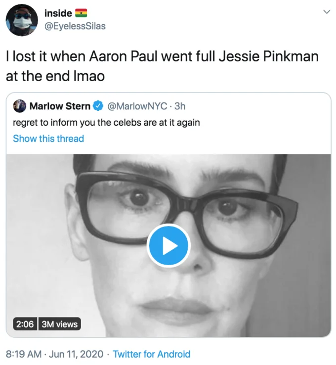 Celebrity I Take Responsibility Video — Twitter screenshot mocking Aaron Paul going full Jessie Pinkman at end with 3 million views.