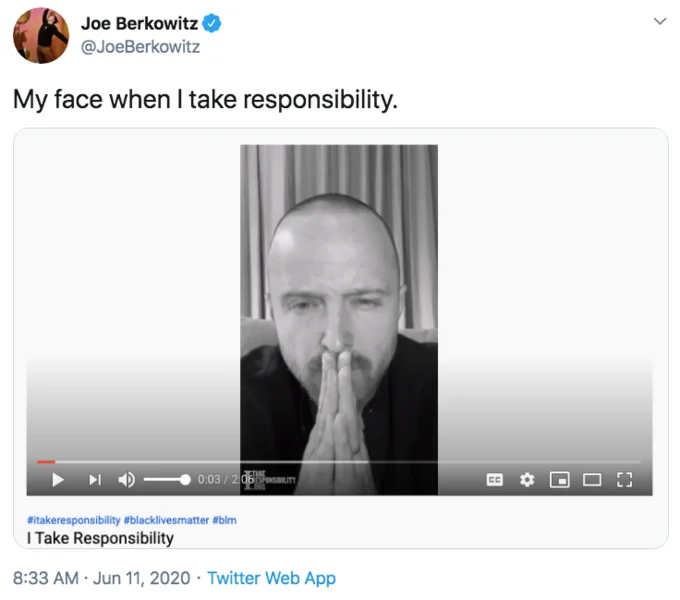 Celebrity I Take Responsibility Video — Twitter screenshot of Aaron Paul with hands pressed together in prayer-like pose from PSA video.