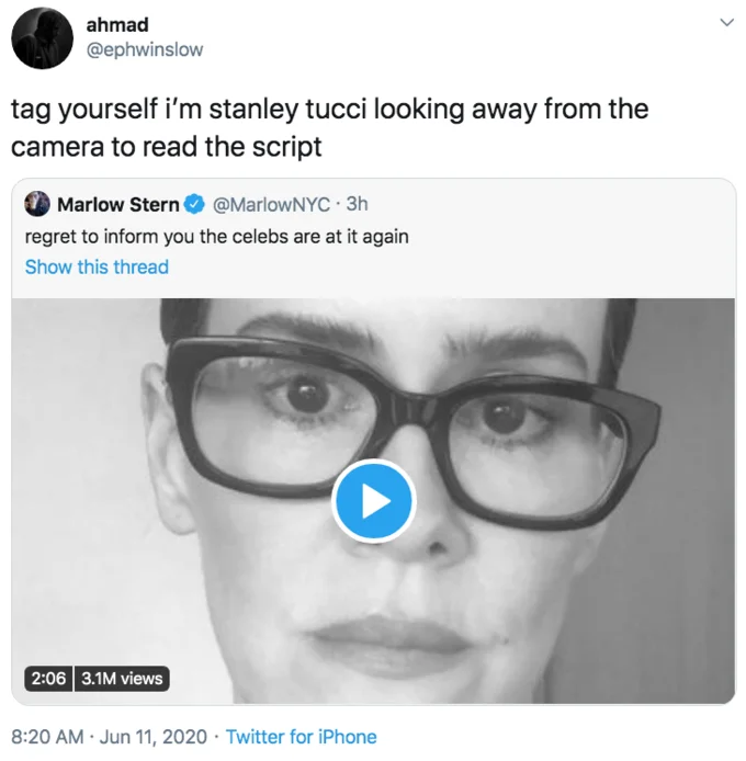 Celebrity I Take Responsibility Video — Twitter screenshot mocking celebrities reading from script with 3.1 million views.