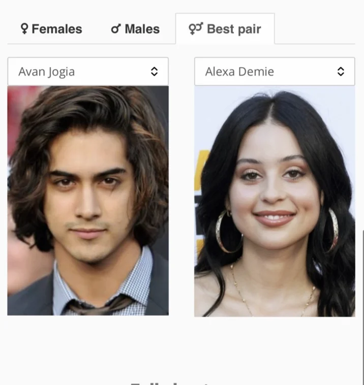 Celebrity Lookalike Trend — Star By Face Best pair result screen showing Avan Jogia and Alexa Demie.