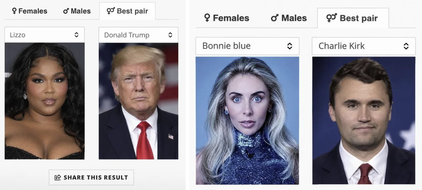 Celebrity Lookalike Trend — Two Star By Face app results showing Lizzo with Donald Trump and Bonnie Blue with Charlie Kirk as 'Best pair' matches.