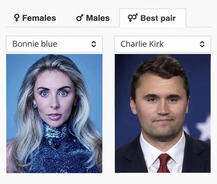 Celebrity Lookalike Trend — Star By Face Best pair result screen showing Bonnie Blue and Charlie Kirk.