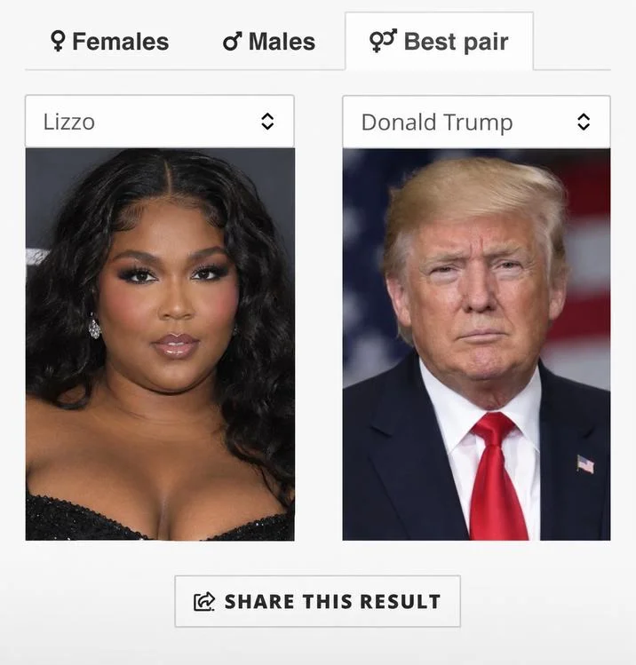 Celebrity Lookalike Trend — Star By Face Best pair screen showing Lizzo alongside Donald Trump.