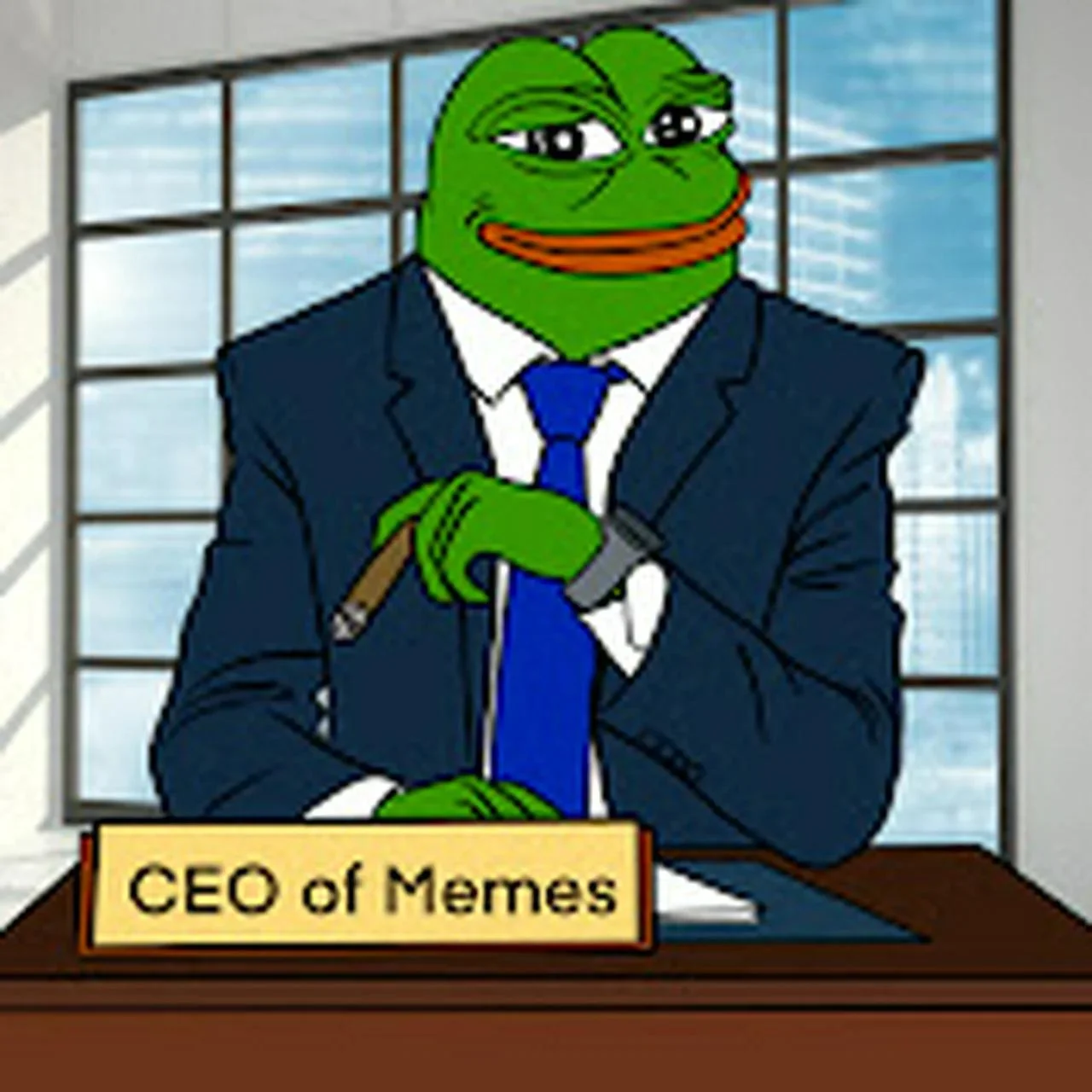CEO of... — Pepe the Frog wearing dark blue business suit seated at desk with yellow nameplate reading CEO of Memes.