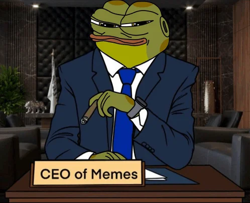 CEO of... — Pepe the Frog in dark suit seated at desk in upscale office with plants and modern furnishings.