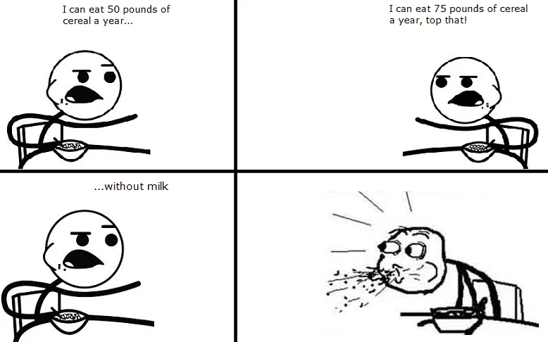 A 2x2 comic strip showing Cereal Guy realizing he has no milk with horror expression.