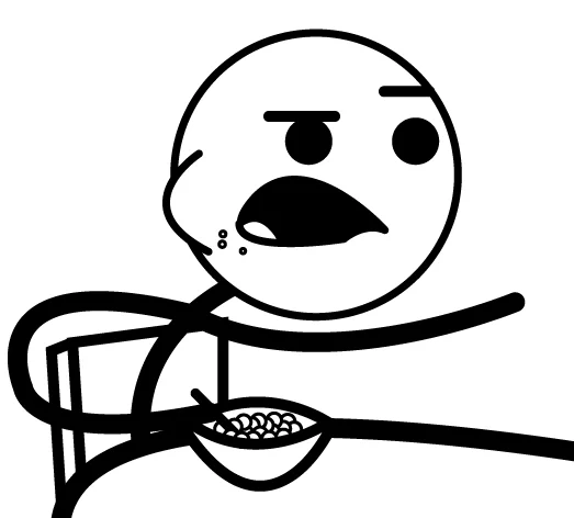 Minimalist illustration of Cereal Guy sitting at table with bowl of cereal with angry expression.