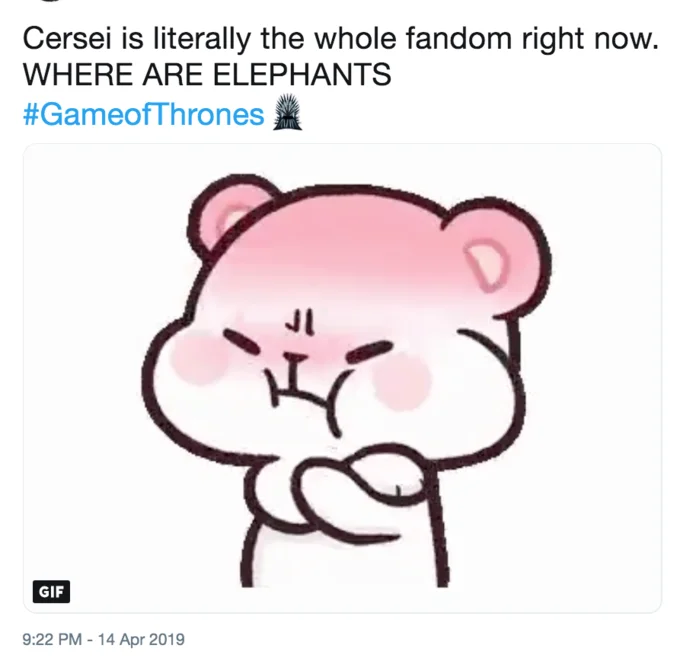 Cerseis Elephants — Tweet screenshot about Cersei wanting elephants with pink crying bear GIF
