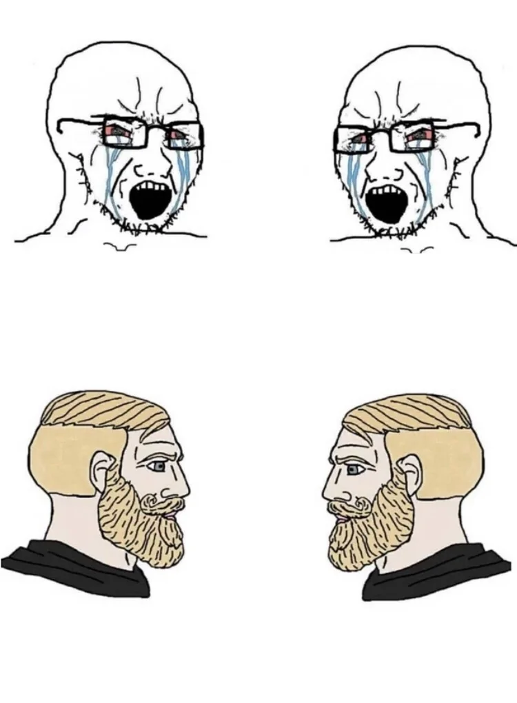 A 2x2 meme template comparing crying characters above with confident smiling Chad characters below.