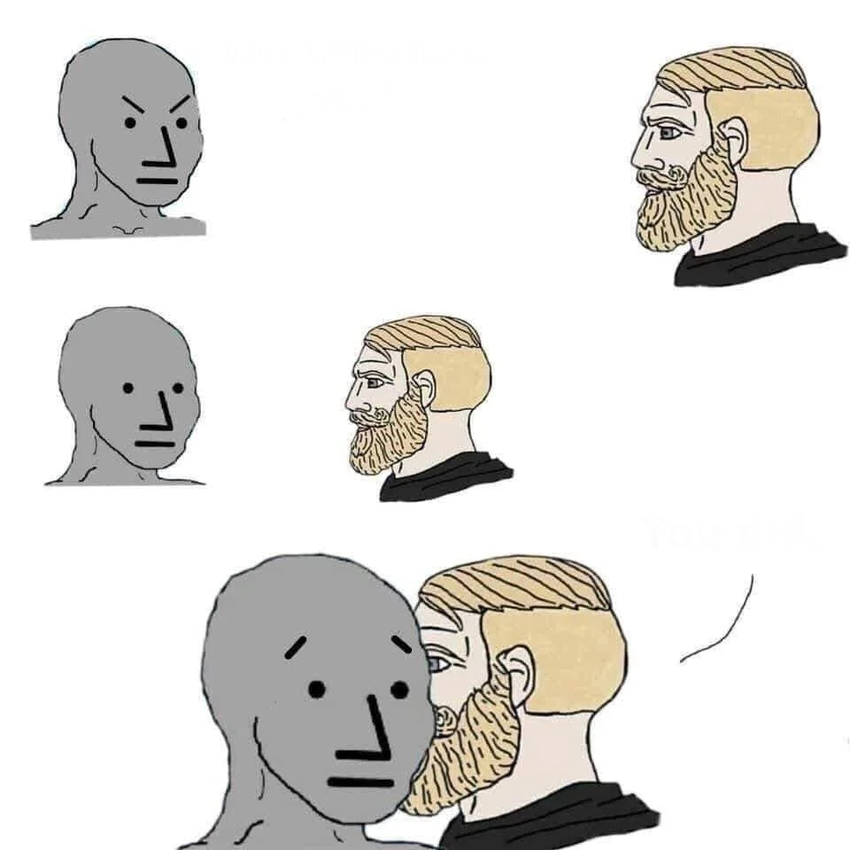 The canonical NPC vs Chad meme template showing blank-faced NPC contrasted with confident bearded Chad.