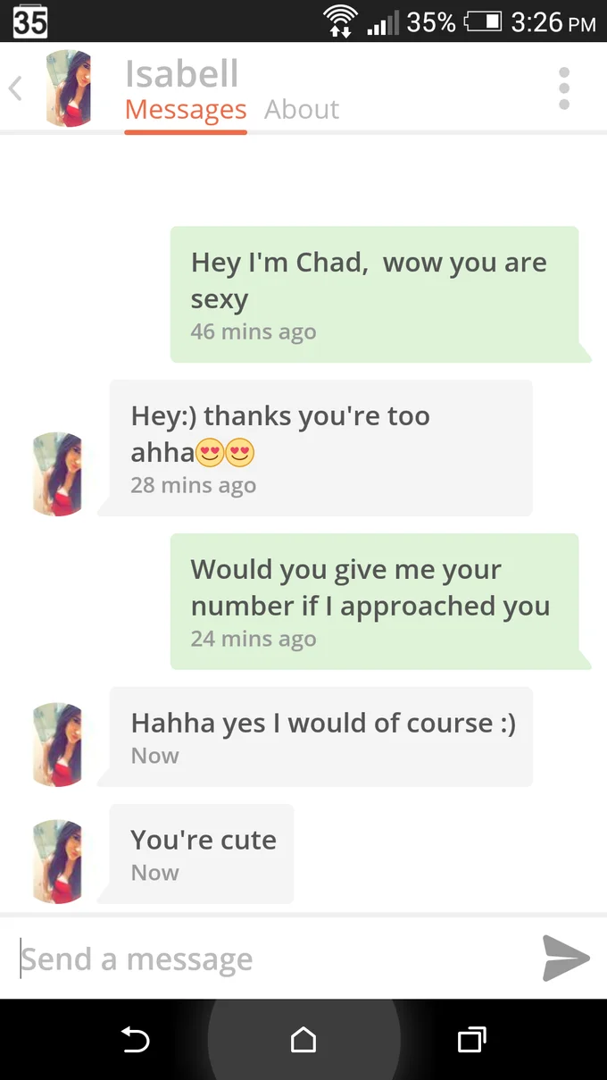 Chad Thundercock — Mobile chat screenshot of a user named Chad flirting with a woman