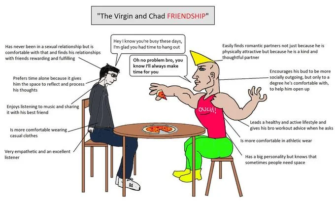 Chad Thundercock — Virgin vs Chad cartoon comparing two friends at a table