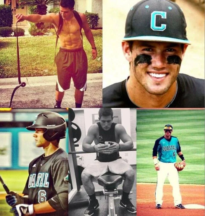 Chadfishing — Collage of six photos showing attractive male athlete in sports contexts used for fake profiles.